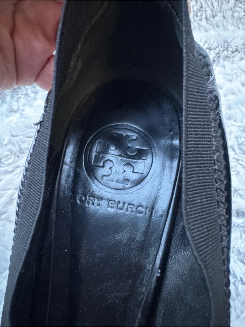Tory Burch Black Patent Leather Logo Heels with Gold Emblem